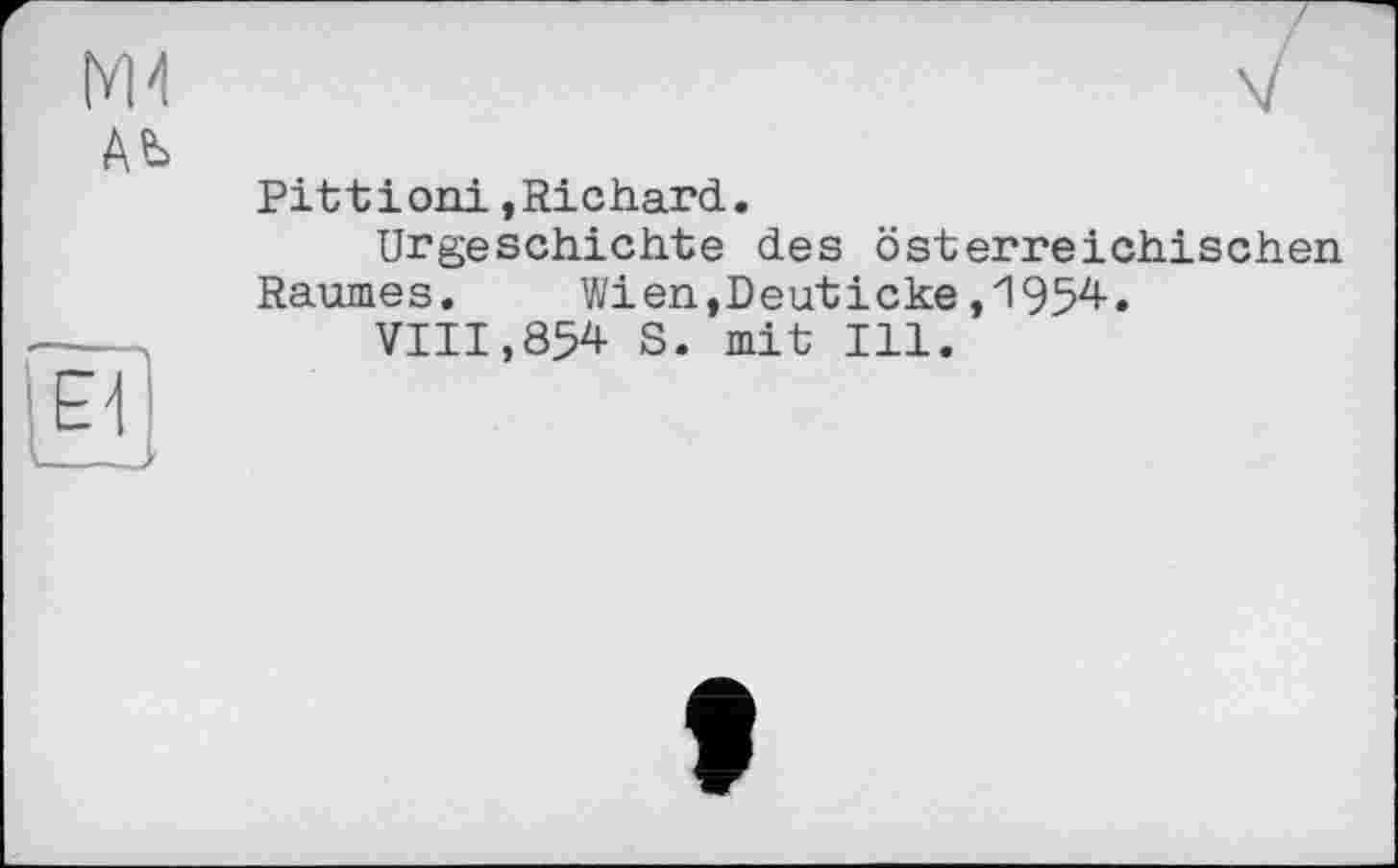 ﻿Pittioni,Richard.
Urgeschichte des österreichischen Raumes. Wien,Deuticke,1954.
VIII,854 S. mit Ill.